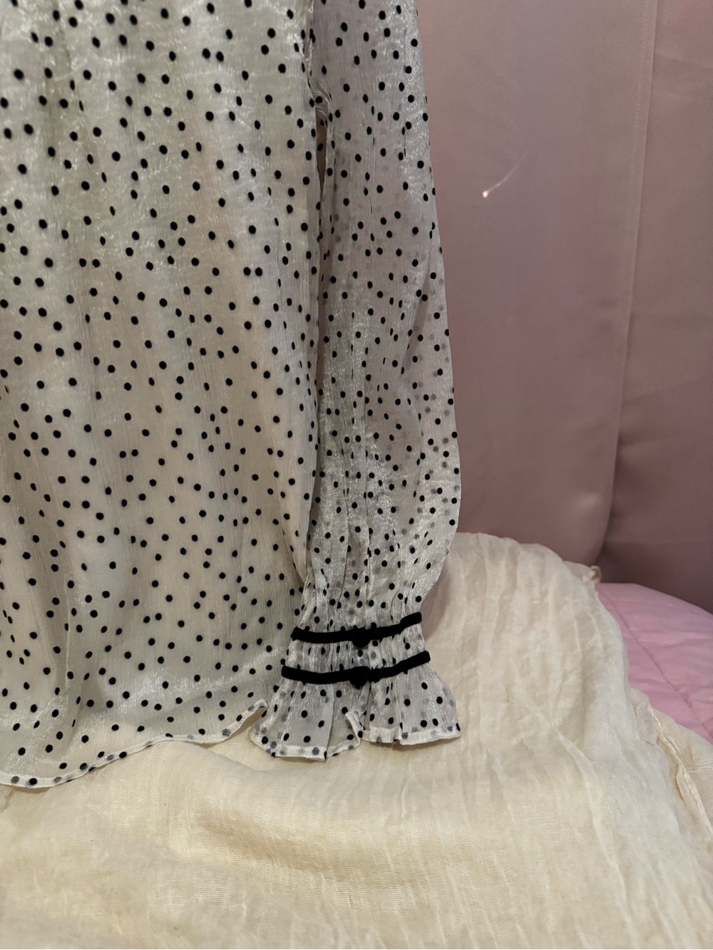 LOFT Cream Blouse with Black Polka Dots and Ruffle Tie-Neck - Picture 4 of 4